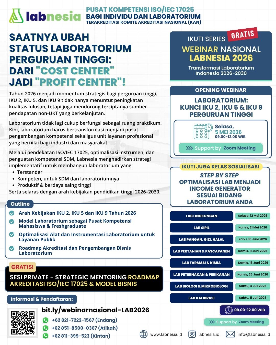 WEBINAR NASIONAL LABNESIA 2026: Saatnya Ubah  Status Laboratorium  PERGURUAN TINGGI :  Dari “Cost Center”  Jadi “Profit Center”!