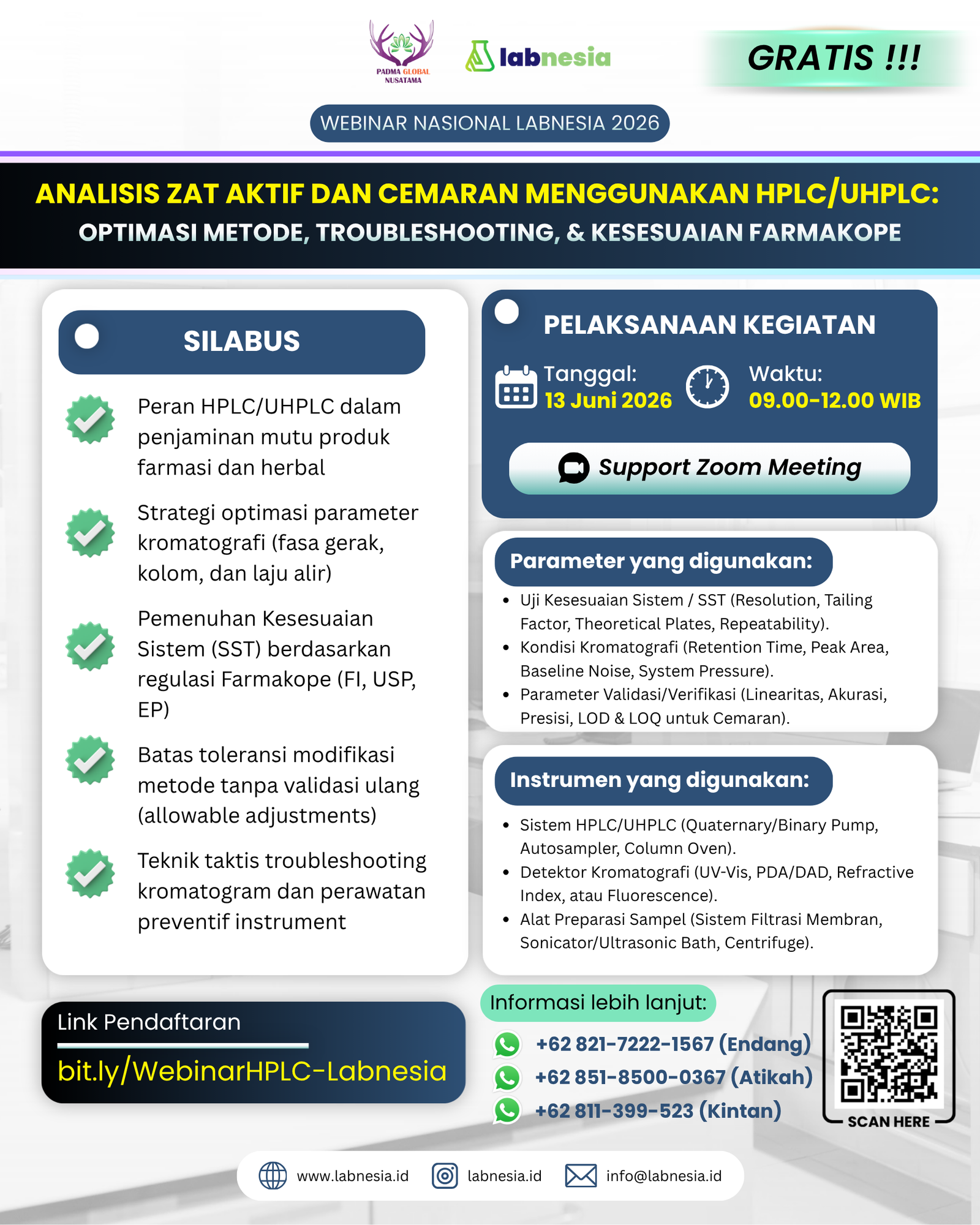 WEBINAR NASIONAL LABNESIA 2026 – Analisis Zat Aktif dan Cemaran Menggunakan HPLC/UHPLC:  Optimasi Metode, Troubleshooting, & Kesesuaian Farmakope