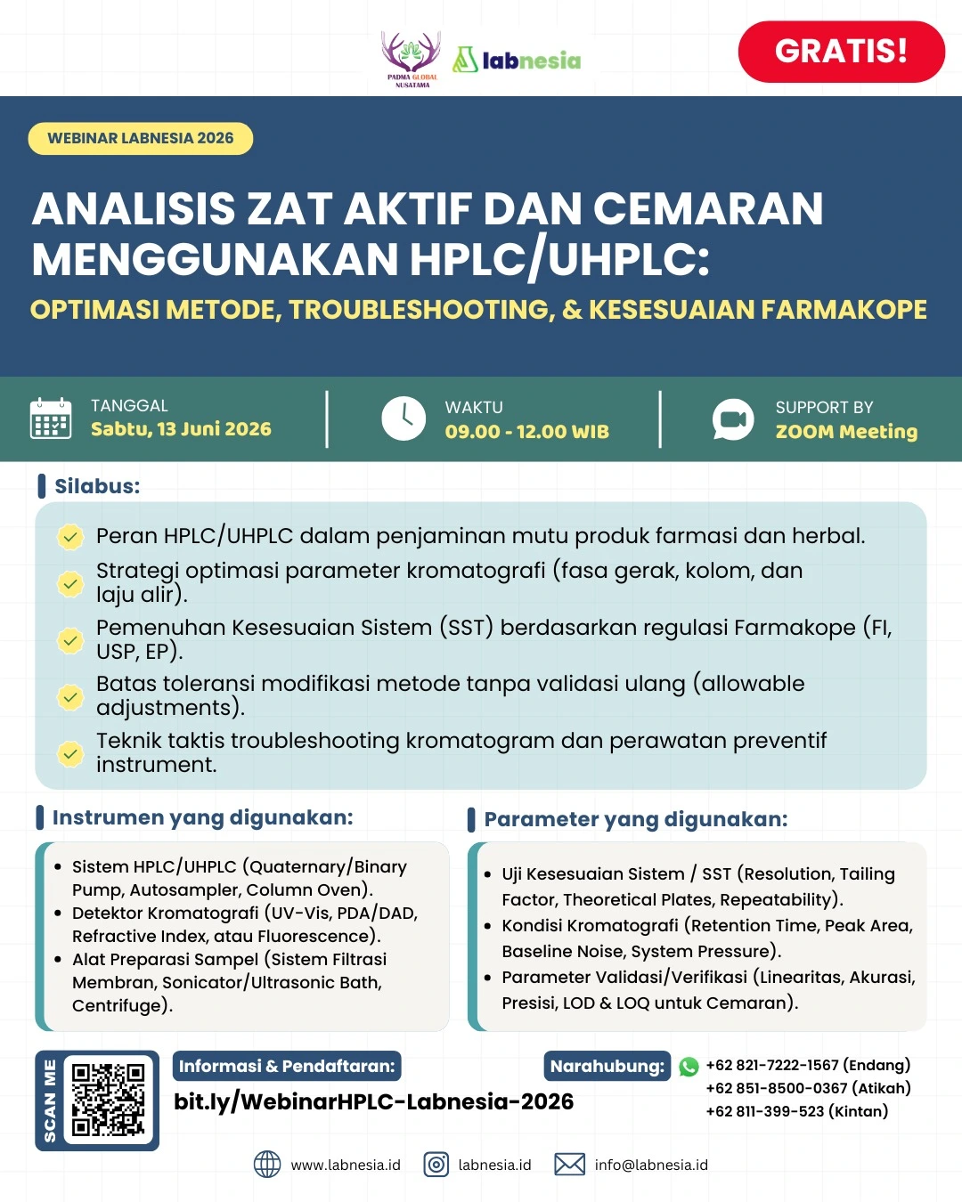 WEBINAR NASIONAL LABNESIA 2026 : Analisis Zat Aktif dan Cemaran Menggunakan HPLC/UHPLC: Optimasi Metode, Troubleshooting, & Kesesuaian Farmakope