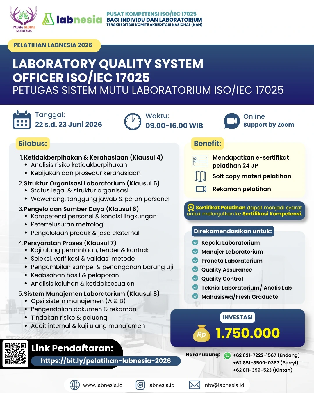 PELATIHAN LABNESIA 2026 : LABORATORY QUALITY SYSTEM OFFICER ISO/IEC 17025